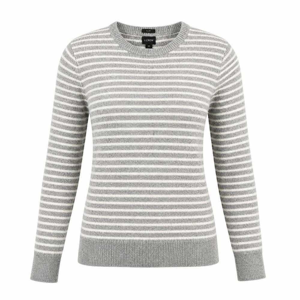 J Crew Sweater Womens M Gray Ivory Stripe Merino Alpaca Slim Fit Preppy Luxury